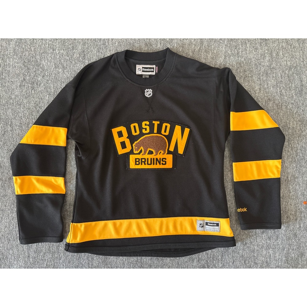 Reebok Boston Bruins NHL Hockey Jersey Womens XL Black Gold Bear Patch Logo
